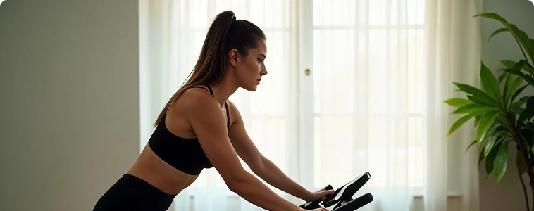 Mulher na bicicleta com seu rosto direcionado a direita